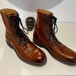 Frye Cognac Leather Tyler Double Zip combat boots size 8